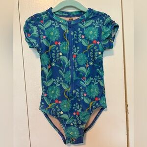 Tea Collection RashGuard One-Piece Swimsuit,botanical print,front zipper, size 5